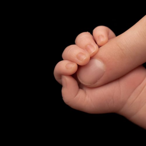 Babyhand in schwarz-weiss und der kleine Finger vom Papa in Farbe